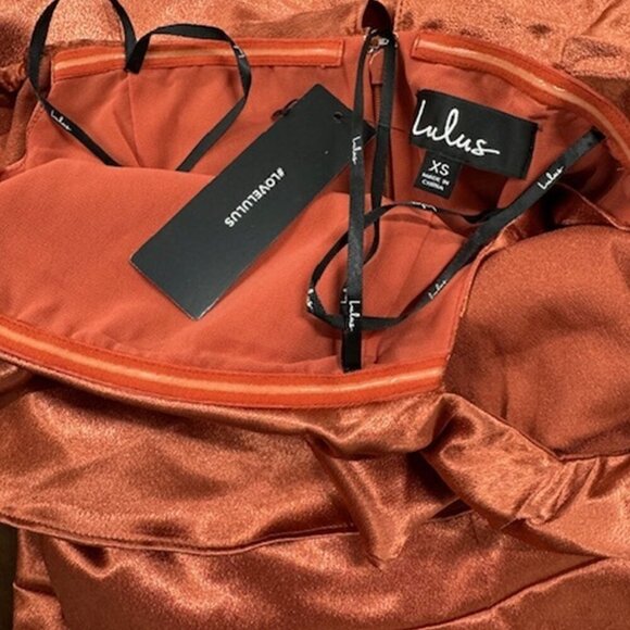 NWT Lulus Pure Happiness Rust Orange Satin Off-the-Shoulder Maxi Dress - Picture 6 of 8